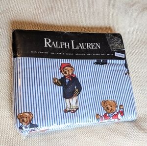 NWT Vintage Ralph Lauren Classic Teddy Bear Striped Queen Flat Sheet 100% Cotton